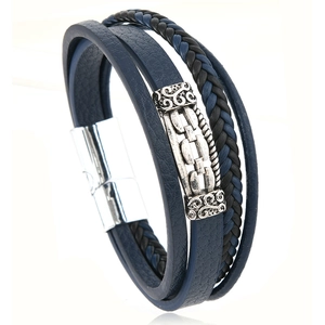 Retro multi-layer woven leather bracelet for men with silver magnetic metal clasp