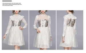 Detail of French vintage lace dress featuring floral embroidery and mesh layering