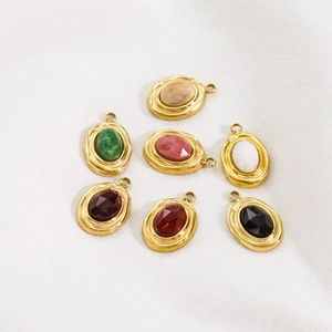 Faceted natural stone oval pendants with 14K gold plated stainless steel edges