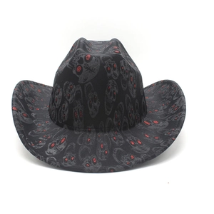 Black cowboy hat with skull patterns and red glitter eyes for Halloween party