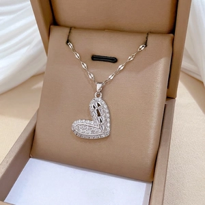 Luxurious silver titanium steel necklace with heart pendant and cubic zirconia diamonds