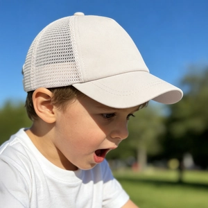 Detail der Kinder-Trucker-Mütze mit atmungsaktivem beige Netzstoff und Sonnenschutz