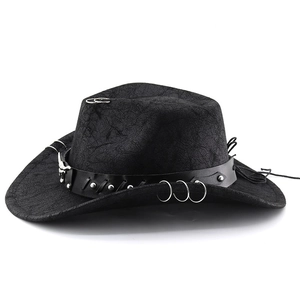 Western black leather cowboy hat with silver rivets and bull head emblem in wide brim style