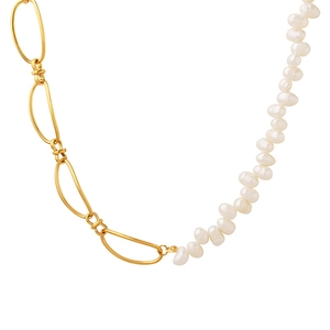 French baroque freshwater pearl necklace with asymmetric gold geometric link chain