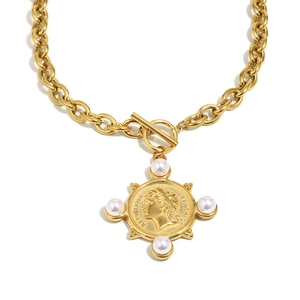 Gold plated stainless steel necklace with coin pendant and pearls on heavy O-chain
