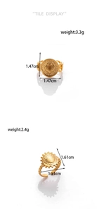 Detail showing weight and dimensions of gold-plated stainless steel heart and sun rings