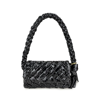 Street style black woven oil wax leather shoulder bag with knotted handle design