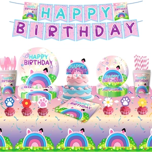 Gabby house party set with cat rainbow banners, paper plates, cups and colorful supplies