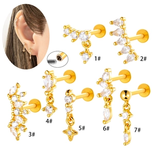 Titanium flat back stud set with gold stars, zircon chains and threaded screw design