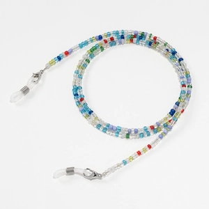 Close-up of colorful beaded eyewear chain with silver lobster clasps and silicone loops