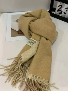Dual-sided cashmere-feel scarf in khaki and beige with tassels and fabric label