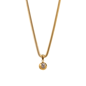Golden snake chain necklace with spherical pendant featuring a rectangle cut gemstone