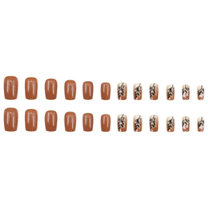 Caramel brown leaf press-on nails with gold foil in a square shape 24pcs set