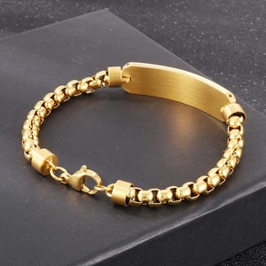 Golden stainless steel box chain ID bracelet for men featuring a polished engravable bar