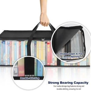 Black Oxford DVD storage bag with clear PVC window and reinforced handles for organization