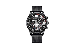 Detail of Geneva black quartz watch featuring a metal mesh strap and chronograph dial