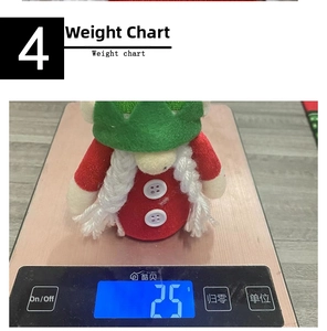 Detailed view of 25g Christmas gnome plush hanging ornament on a digital scale
