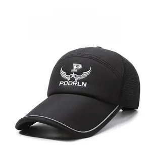 Detail of breathable mesh structure and embroidered logo on outdoor sun protection cap