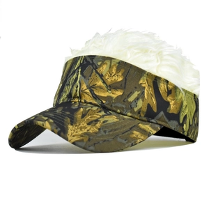 Detail of camouflage baseball cap with fuzzy white synthetic hair on top for men and women