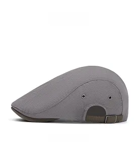 Side view of gray striped newsboy cap with metal vents and adjustable brown strap