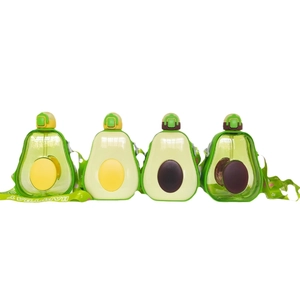 Cute avocado-shaped kids water bottles with straws and adjustable straps in four colors