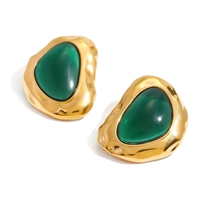 Vintage gold stud earrings with large translucent green resin stones for women