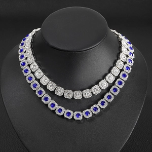 Hip hop sugar cube necklace featuring silver, blue, and clear crystal tennis chains