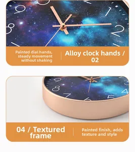 Detail of creative starry sky wall clock with rose gold alloy hands and lacquer frame