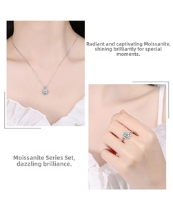 Close-up of S925 sterling silver moissanite jewelry set featuring necklace and ring