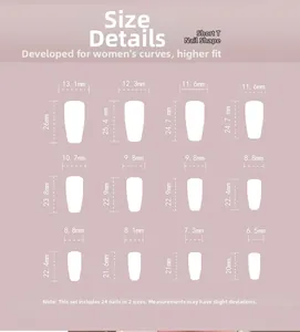 Size chart showing width and length for 24 pieces of short coffin press-on nails