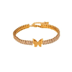 Elegant gold-tone stainless steel butterfly bracelet with rectangular cubic zirconia accents