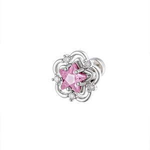 French vintage style silver flower ear stud with pink star-shaped zircon stone