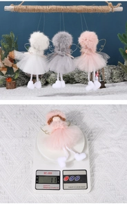 Detail showing creative plush Christmas angel pendants in pink, white and grey colors