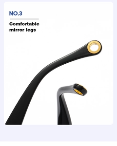 Detail of black eyewear temples featuring a stylish golden round metal ornament