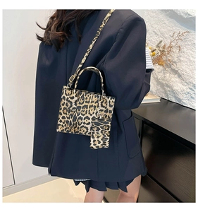 Fashionable leopard print handbag set with shoulder strap and matching coin purse on model