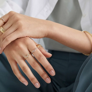 S925 sterling silver gold plated minimalist stacked rings and bangle set for women