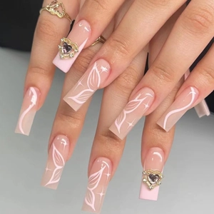 Pink French Coffin Press On Nails Long Butterfly Heart Rhinestone Embellished Sweet Barbie Style Artificial Nails For Women