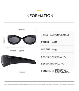 Detailed size chart for Y2K oval sunglasses showing dimensions and technical specifications