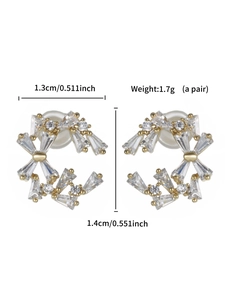 Detail view of floral gold earrings with cubic zirconia and size dimensions