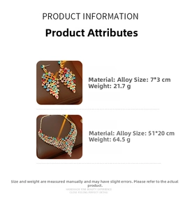 Detailed view of bohemian leaf jewelry set with colorful rhinestones and dimensions