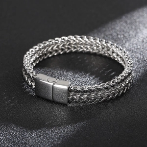 Men 316L Stainless Steel Braided Bracelet Double Row Wheat Chain Magnetic Clasp Punk Hip Hop Fashion Jewelry