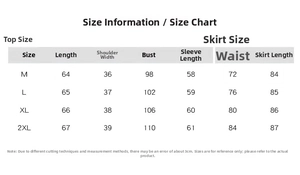 Detailed size chart for dark blue hydrangea floral polo shirt and pleated skirt set