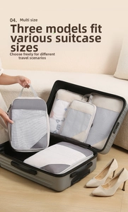 Detailed set of mesh travel organizers efficiently packed inside a grey hardshell suitcase