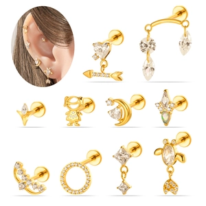 Titanium Alloy Cubic Zirconia Piercing Studs Internal Thread Flat Back Moon Heart Cartilage Earring Labret Lip Ring
