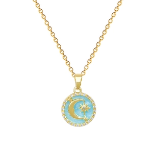 Elegant gold celestial necklace featuring a blue enamel star and moon pendant with zircon