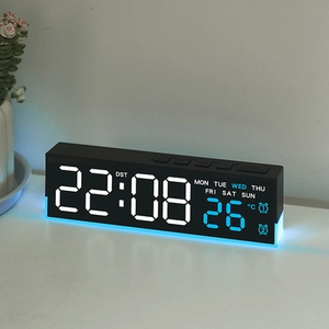 Detalle del reloj de pared digital LED de 16 pulgadas con hora, fecha y luz azul