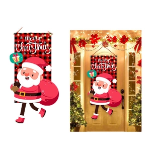 Christmas door banner with red-black plaid Santa Claus design for festive decoration