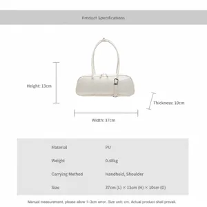 White minimalist baguette shoulder bag in PU leather with dimensions 37x13x10cm