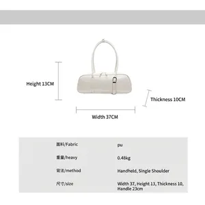 White minimalist baguette shoulder bag in PU leather with dimensions 37x13x10cm