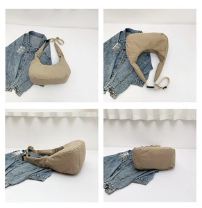 Vues détaillées d'un sac à bandoulière en nylon matelassé kaki sous plusieurs angles